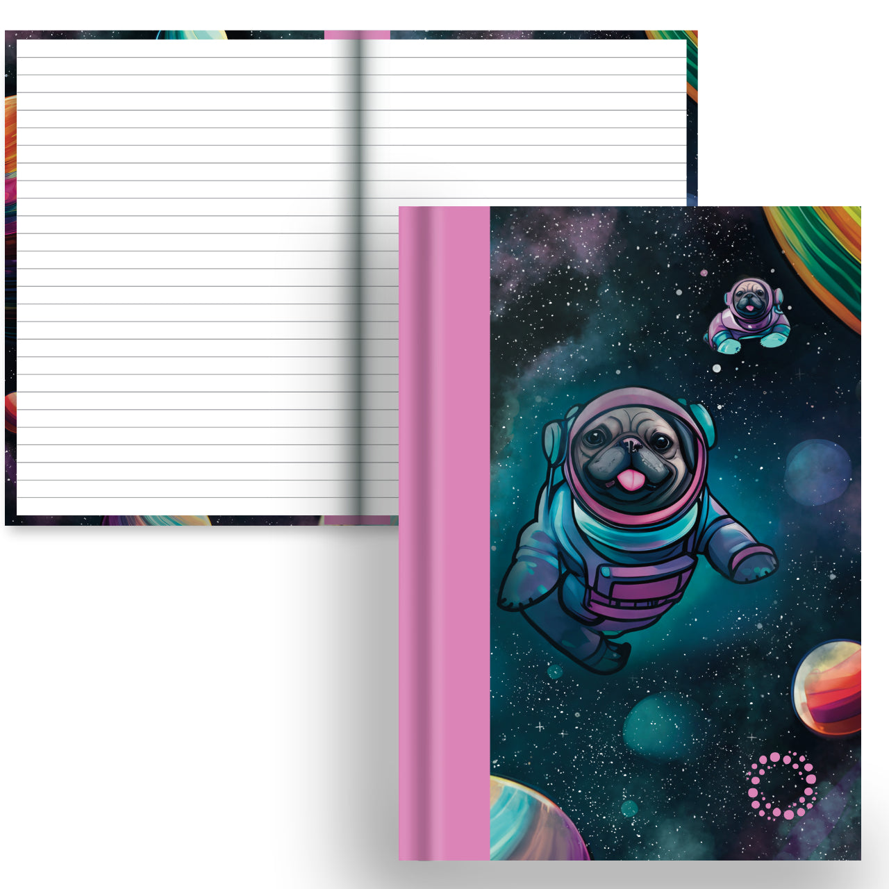 Astro Pugs notebook with lined interior pages