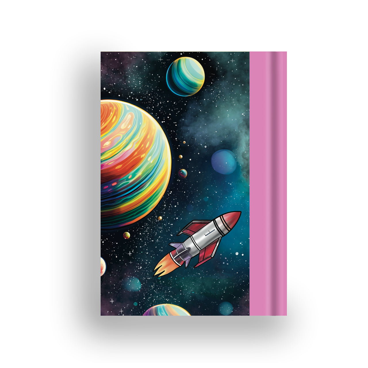 Astro pugs back cover with a rocket and planet in a nebula
