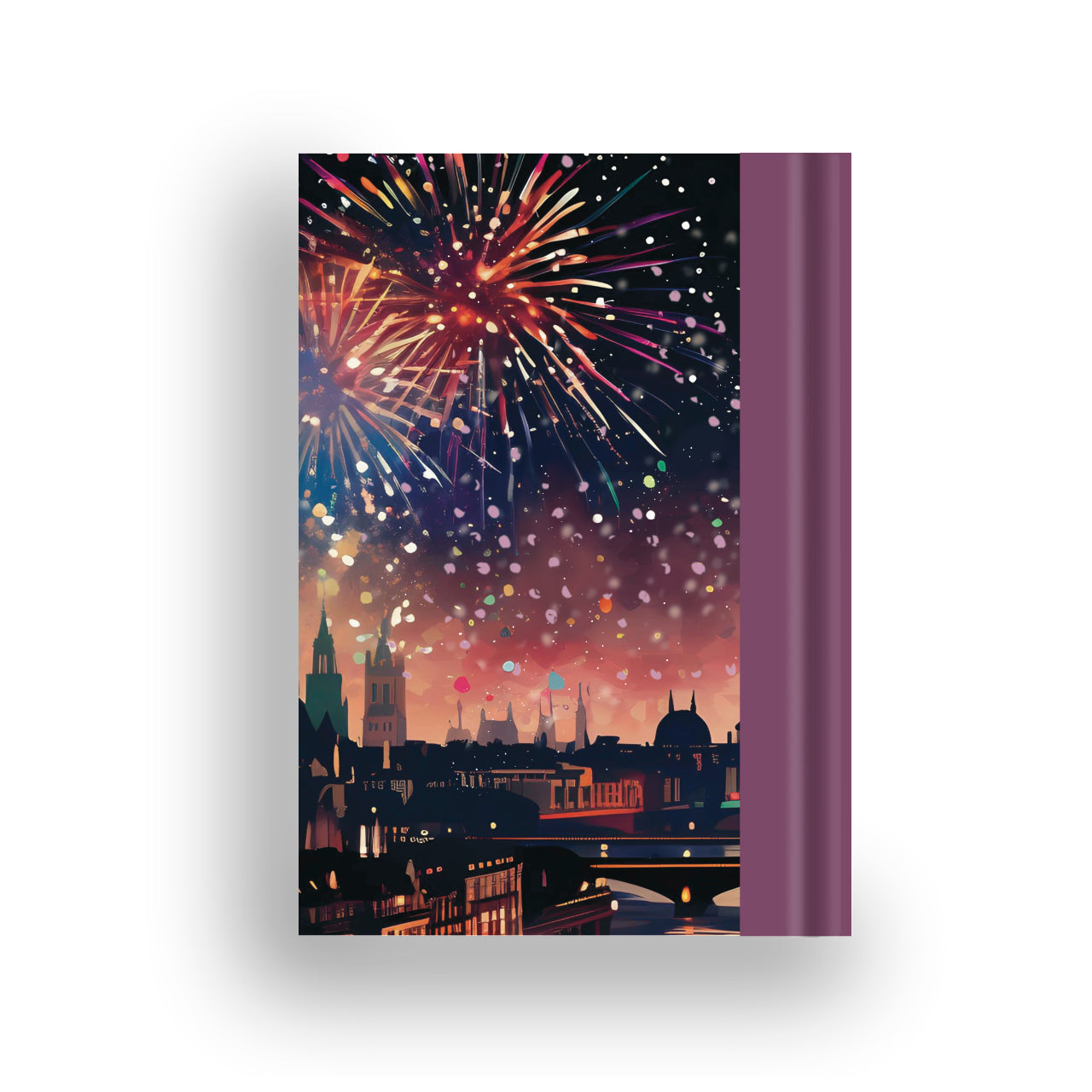 Firework notebook back cover displaying vibrant fireworks design