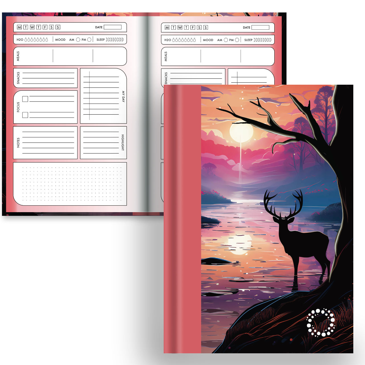 Deer in a Forest at Sunset on a notebook with a coloured planner interior