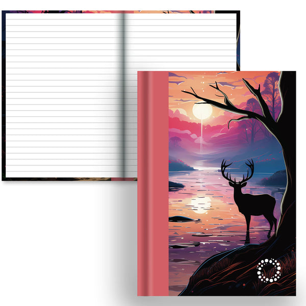 Deer in a Forest at Sunset on a notebook with a lined paper interior