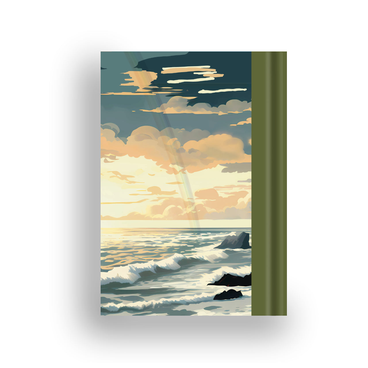 Back cover of the Mussenden notebook with coastal views and a rainbow