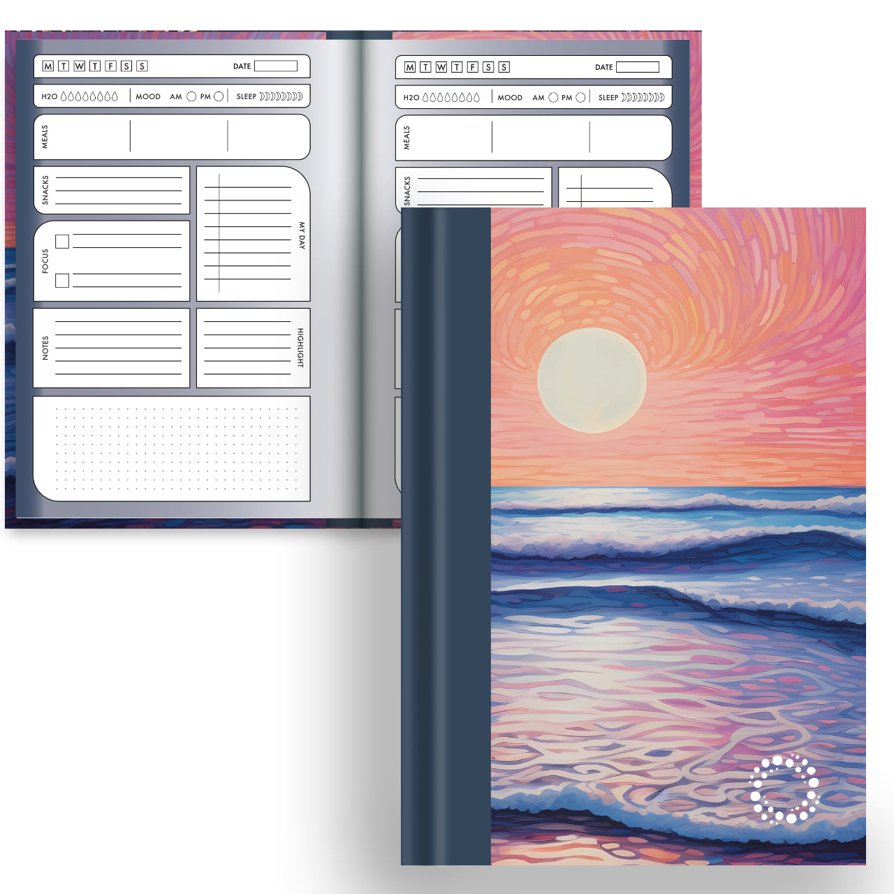Tidal planner and dot grid notebook open to reveal interior design