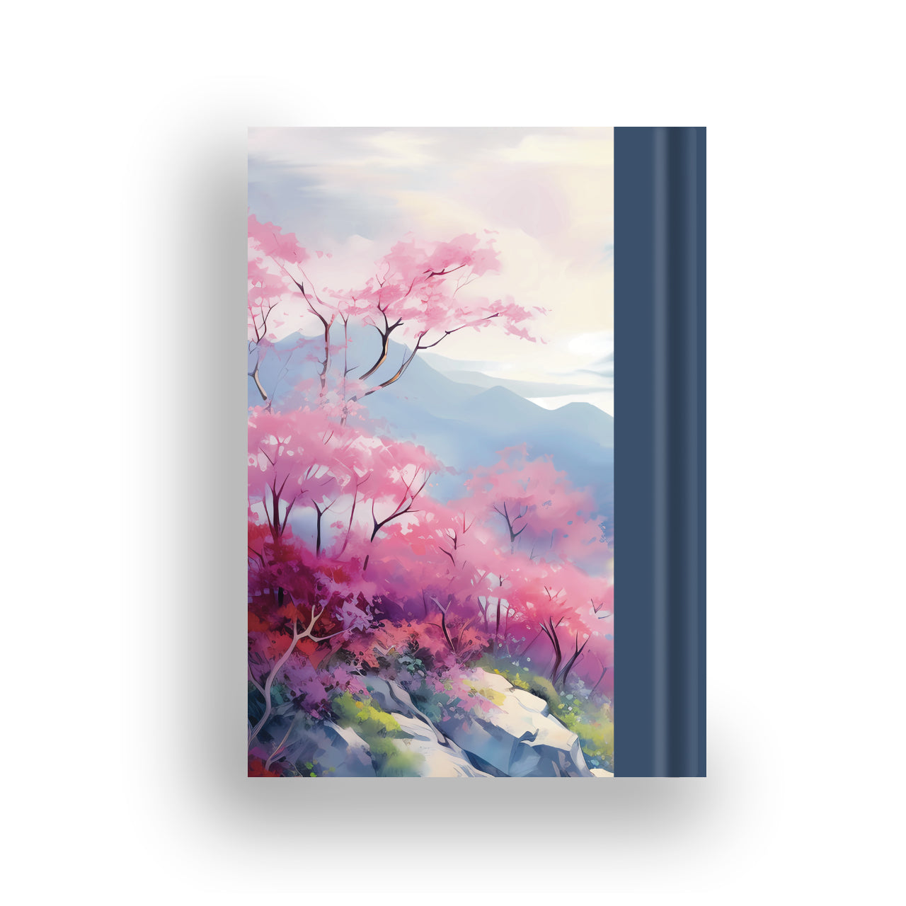 Zen notebook back cover with tranquil mountain view design with pink foilage