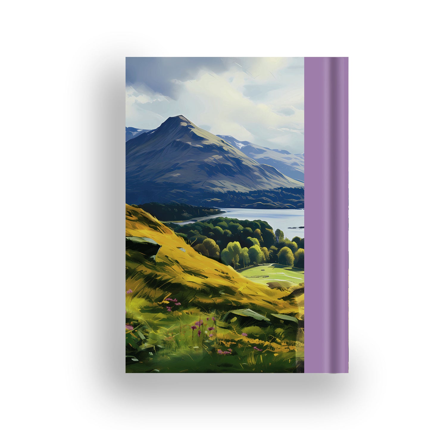 Glens notebook back cover with Irish hills and heather
